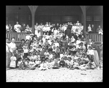 <em>"Views: U.S., Brooklyn. Brooklyn, Coney Island. View 005: Coney Island - Group of 157 at Seaside Home."</em>. Lantern slide 3.25x4in, 3.25 x 4 in. Brooklyn Museum, CHART_2011. (S10_21_US_Brooklyn_Brooklyn_Coney_Island005.jpg