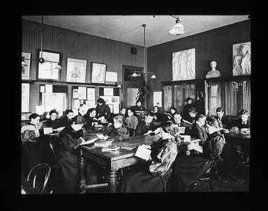 <em>"Views: U.S., Brooklyn. Brooklyn, Pratt Institute. View 009: Literature Room, High School, Pratt Institute."</em>, 1899. Lantern slide 3.25x4in, 3.25 x 4 in. Brooklyn Museum, CHART_2011. (S10_21_US_Brooklyn_Brooklyn_Pratt_Institute009.jpg