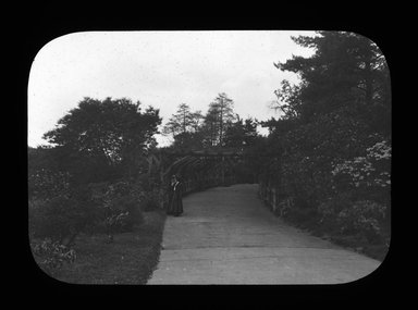 <em>"Views: U.S., Brooklyn. Brooklyn, Prospect Park. View 049: Rustic Arbor."</em>. Lantern slide 3.25x4in, 3.25 x 4 in. Brooklyn Museum, CHART_2011. (Photo: Gould W. Hart, S10_21_US_Brooklyn_Brooklyn_Prospect_Park049.jpg