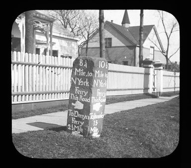 <em>"Views: U.S., Brooklyn. Brooklyn residences. View 018: Mile Stone - in front of Van Pelt Manor House. 82nd St & 18th Ave. Denyse's Ferry is now Ft. Hamilton."</em>, 1899. Lantern slide 3.25x4in, 3.25 x 4 in. Brooklyn Museum, CHART_2011. (Photo: W.H. Coughlin, S10_21_US_Brooklyn_Brooklyn_Residences018.jpg