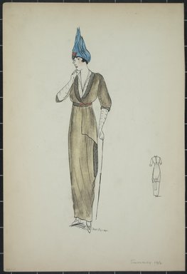 <em>"Day dress, Summer 1912. Long olive green dress; elbow length sleeves; white v-neck blouse; white elbow length gloves; blue hat; back view included. (Bendel Collection, HB 001-01)"</em>, 1912. Fashion sketch, 12.25 x 8.5 in (31.1 x 21.6 cm). Brooklyn Museum, Fashion sketches. (Photo: Brooklyn Museum, SC01.1_Bendel_Collection_HB_001-01_1912_recto_PS5.jpg