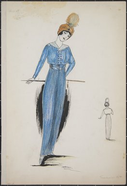 <em>"Day dress, Cheriut, Summer 1912. Long blue dress with short blue jacket; jacket has white collar and 6 rows of buttons; orange turban with feather; walking stick; back view included. (Bendel Collection, HB 001-02)"</em>, 1912. Fashion sketch, 12.25 x 8.5 in (31.1 x 21.6 cm). Brooklyn Museum, Fashion sketches. (Photo: Brooklyn Museum, SC01.1_Bendel_Collection_HB_001-02_1912_PS5.jpg