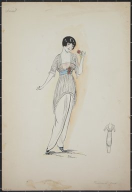 <em>"Day dress, Cheriut, Summer 1912. Long white dress; sheer net tunic with elbow length sleeves; light pink slip top; wide blue waist belt with 2 roses attached; back view included. (Bendel Collection, HB 001-03)"</em>, 1912. Fashion sketch, 12.25 x 8.5 in (31.1 x 21.6 cm). Brooklyn Museum, Fashion sketches. (Photo: Brooklyn Museum, SC01.1_Bendel_Collection_HB_001-03_1912_PS5.jpg