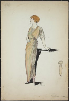 <em>"Day dress, Callot, Summer 1912. Long green dress; net side panel and short sleeves; broach at waist; back view included. (Bendel Collection, HB 001-04)"</em>, 1912. Fashion sketch, 12.25 x 8.5 in (31.1 x 21.6 cm). Brooklyn Museum, Fashion sketches. (Photo: Brooklyn Museum, SC01.1_Bendel_Collection_HB_001-04_1912_PS5.jpg