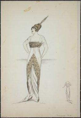 <em>"Evening dress, Summer 1912. Long white dress with train; wide gold decorative bands in front and on bodice; short sleeves; feather in hair; back view included. (Bendel Collection, HB 001-07)"</em>, 1912. Fashion sketch, 12.25 x 8.5 in (31.1 x 21.6 cm). Brooklyn Museum, Fashion sketches. (Photo: Brooklyn Museum, SC01.1_Bendel_Collection_HB_001-07_1912_PS5.jpg