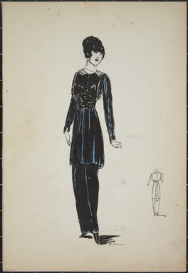 <em>"Day dress, 1912. Long dark green dress with knee-length blouse; long sleeves; wide sash; white flat collar; back view included. (Bendel Collection, HB 001-08)"</em>, 1912. Fashion sketch, 12.25 x 8.5 in (31.1 x 21.6 cm). Brooklyn Museum, Fashion sketches. (Photo: Brooklyn Museum, SC01.1_Bendel_Collection_HB_001-08_1912_PS5.jpg
