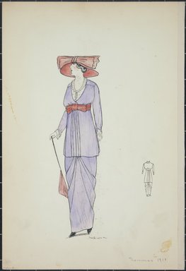 <em>"Day dress, Summer 1912. Long light purple dress and thigh length blouse; white blouse under pruple top; red belt with bow tied under bust; red wide brimmed hat; red parisol; back view included. (Bendel Collection, HB 001-09)"</em>, 1912. Fashion sketch, 12.25 x 8.5 in (31.1 x 21.6 cm). Brooklyn Museum, Fashion sketches. (Photo: Brooklyn Museum, SC01.1_Bendel_Collection_HB_001-09_1912_PS5.jpg