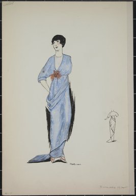 <em>"Day dress, Callot, Summer 1912. Long light blue dress; elbow length sleeves; brown flower bouquet at waist; dress fabric with small figured design in white; back view included. (Bendel Collection, HB 001-15)"</em>, 1912. Fashion sketch, 12.25 x 8.5 in (31.1 x 21.6 cm). Brooklyn Museum, Fashion sketches. (Photo: Brooklyn Museum, SC01.1_Bendel_Collection_HB_001-15_1912_PS5.jpg