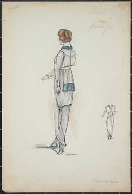 <em>"Day dress, Callot, Summer 1912. Long white dress; blouse with knee length back; long sleeves trimmed with row of buttons; back of blouse has row of buttons; small blue collar; front view included. (Bendel Collection, HB 001-21)"</em>, 1912. Fashion sketch, 12.25 x 8.5 in (31.1 x 21.6 cm). Brooklyn Museum, Fashion sketches. (Photo: Brooklyn Museum, SC01.1_Bendel_Collection_HB_001-21_1912_PS5.jpg