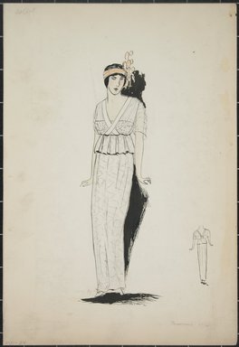 <em>"Dress, Callot, Summer 1912. Long white dress; hip length blouse with pleated peplum; short sleeves; orange headband with decoration on one side; back view included. (Bendel Collection, HB 001-24)"</em>, 1912. Fashion sketch, 12.25 x 8.5 in (31.1 x 21.6 cm). Brooklyn Museum, Fashion sketches. (Photo: Brooklyn Museum, SC01.1_Bendel_Collection_HB_001-24_1912_PS5.jpg