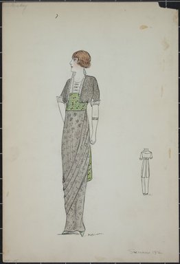 <em>"Day dress, Summer 1912. Long grey dress with draped skirt; short jacket in grey with elbow length sleeves; dress fabric with floral design; jacket with stand up white collar; wide green sash with pattern of orange dots; back view included. (Bendel Collection, HB 001-25)"</em>, 1912. Fashion sketch, 12.25 x 8.5 in (31.1 x 21.6 cm). Brooklyn Museum, Fashion sketches. (Photo: Brooklyn Museum, SC01.1_Bendel_Collection_HB_001-25_1912_PS5.jpg