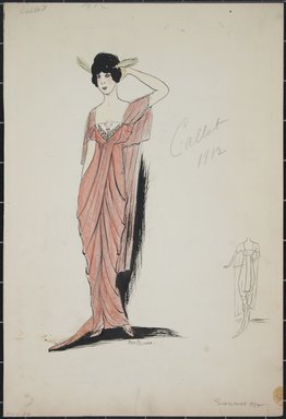 <em>"Evening dress, Callot, Summer 1912. Long pink dress; attached sheer pink sleeves; butterfly  in front of bodice. back view included. (Bendel Collection, HB 001-27)"</em>, 1912. Fashion sketch, 12.25 x 8.5 in (31.1 x 21.6 cm). Brooklyn Museum, Fashion sketches. (Photo: Brooklyn Museum, SC01.1_Bendel_Collection_HB_001-27_1912_PS5.jpg