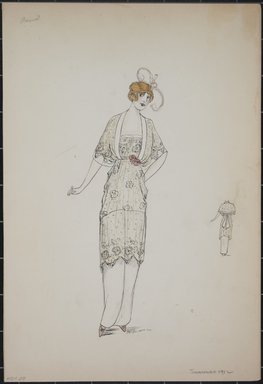 <em>"Day dress, Premet, Summer 1912. Long white dress; knee length sheer blouse with floral design; loose sleeves; narrow pink waistband with roses; back view included. (Bendel Collection, HB 001-29)"</em>, 1912. Fashion sketch, 12.25 x 8.5 in (31.1 x 21.6 cm). Brooklyn Museum, Fashion sketches. (Photo: Brooklyn Museum, SC01.1_Bendel_Collection_HB_001-29_1912_PS5.jpg