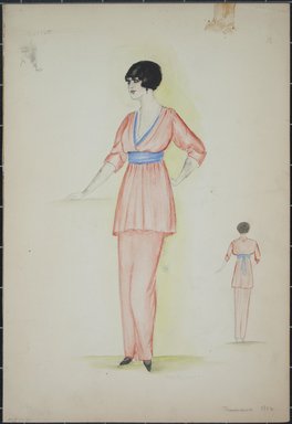 <em>"Day dress, Callot, Summer 1912. Long pink dress; hip length blouse; v-neck front trimmed in blue and white ruffles; 3/4 length sleeves; blue sash at waist; back view included. (Bendel Collection, HB 001-31)"</em>, 1912. Fashion sketch, 12.25 x 8.5 in (31.1 x 21.6 cm). Brooklyn Museum, Fashion sketches. (Photo: Brooklyn Museum, SC01.1_Bendel_Collection_HB_001-31_1912_PS5.jpg