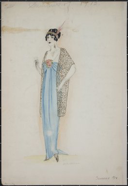 <em>"Evening dress, Callot, Summer 1912. Long blue dress with short train; high waist; sheer sleeves; knee length gold lace shawl or jacket; gold head band with red feather. (Bendel Collection, HB 001-34)"</em>, 1912. Fashion sketch, 12.25 x 8.5 in (31.1 x 21.6 cm). Brooklyn Museum, Fashion sketches. (Photo: Brooklyn Museum, SC01.1_Bendel_Collection_HB_001-34_1912_PS5.jpg