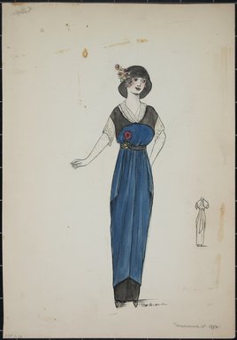 <em>"Day dress, Callot, Summer 1912. Long blue dress over black skirt and sleeves; sheer white elbow length sleeves underneath and v-neck front; black hat with deep brim and bouquet of roses; back view included. (Bendel Collection, HB 001-36)"</em>, 1912. Fashion sketch, 12.25 x 8.5 in (31.1 x 21.6 cm). Brooklyn Museum, Fashion sketches. (Photo: Brooklyn Museum, SC01.1_Bendel_Collection_HB_001-36_1912_PS5.jpg