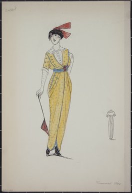 <em>"Day dress, Callot, Summer 1912. Long yellow dress with print of tiny blue leaves; draped skirt; bodice and hem trimmed in blue; blue belt; white under blouse with wide collar; black hat with red ribbons; red parisol; back view included. (Bendel Collection, HB 001-40)"</em>, 1912. Fashion sketch, 12.25 x 8.5 in (31.1 x 21.6 cm). Brooklyn Museum, Fashion sketches. (Photo: Brooklyn Museum, SC01.1_Bendel_Collection_HB_001-40_1912_PS5.jpg