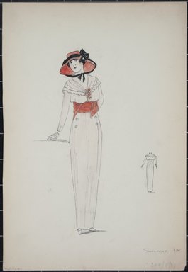 <em>"Day dress, Summer 1912. Long light orange dress; 2 sets of buttons on skirt; long sleeves; wide draped collar; wide orange sash at waist; matching orange hat with deep brim and black ribbon; back view included. (Bendel Collection, HB 001-41)"</em>, 1912. Fashion sketch, 12.25 x 8.5 in (31.1 x 21.6 cm). Brooklyn Museum, Fashion sketches. (Photo: Brooklyn Museum, SC01.1_Bendel_Collection_HB_001-41_1912_PS5.jpg