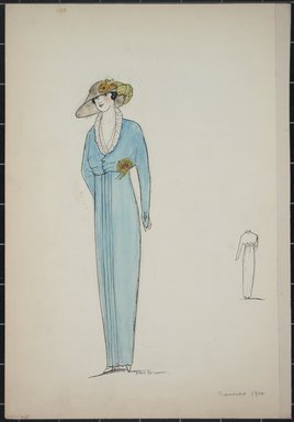 <em>"Day dress, Summer 1912. Long light blue dress; long sleeves; v-neck front of bodice trimmed with white ruffles; deep brimmed hat in brown with roses and green ribbon; back view included. (Bendel Collection, HB 001-42)"</em>, 1912. Fashion sketch, 12.25 x 8.5 in (31.1 x 21.6 cm). Brooklyn Museum, Fashion sketches. (Photo: Brooklyn Museum, SC01.1_Bendel_Collection_HB_001-42_1912_PS5.jpg