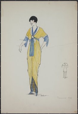 <em>"Day dress, Summer 1912. Long yellow dress; draped skirt; elaborate blue sash at waist and around neck; short sleeves with blue edging; back view included. (Bendel Collection, HB 001-46)"</em>, 1912. Fashion sketch, 12.25 x 8.5 in (31.1 x 21.6 cm). Brooklyn Museum, Fashion sketches. (Photo: Brooklyn Museum, SC01.1_Bendel_Collection_HB_001-46_1912_PS5.jpg