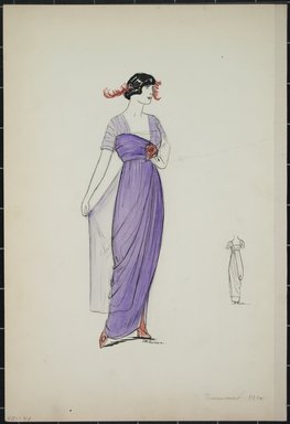 <em>"Dress, Summer 1912. Long purple dress; sheer purple short sleeves; rose attached at waist; red high heels; back view included. (Bendel Collection, HB 001-47)"</em>, 1912. Fashion sketch, 12.25 x 8.5 in (31.1 x 21.6 cm). Brooklyn Museum, Fashion sketches. (Photo: Brooklyn Museum, SC01.1_Bendel_Collection_HB_001-47_1912_PS5.jpg