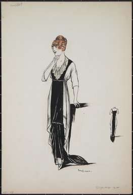 <em>"Day dress, Callot, Summer 1912. Long white dress with black panels; black train; white ruffled collar; back view included. (Bendel Collection, HB 001-48)"</em>, 1912. Fashion sketch, 12.25 x 8.5 in (31.1 x 21.6 cm). Brooklyn Museum, Fashion sketches. (Photo: Brooklyn Museum, SC01.1_Bendel_Collection_HB_001-48_1912_PS5.jpg