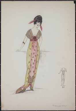 <em>"Evening dress, Summer 1912. Long green dress with small paisley pattern; pink center panel with small paisley pattern; short train; gold lace bodice; red feathers in hair; back view included. (Bendel Collection, HB 001-50)"</em>, 1912. Fashion sketch, 12.25 x 8.5 in (31.1 x 21.6 cm). Brooklyn Museum, Fashion sketches. (Photo: Brooklyn Museum, SC01.1_Bendel_Collection_HB_001-50_1912_PS5.jpg