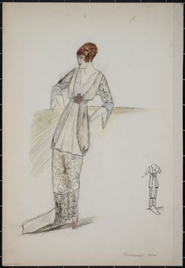 <em>"Dress, Summer 1912. Long dress in light yellow with patterned skirt and wide border; mid thigh length blouse; elbow length sleeves with floral design; waist sash; back view included. (Bendel Collection, HB 001-51)"</em>, 1912. Fashion sketch, 12.25 x 8.5 in (31.1 x 21.6 cm). Brooklyn Museum, Fashion sketches. (Photo: Brooklyn Museum, SC01.1_Bendel_Collection_HB_001-51_1912_PS5.jpg