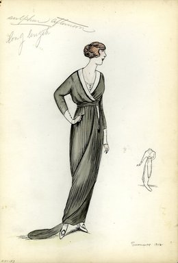 <em>"Day dress, Summer 1912. Long grey dress; long sleeves with deep white cuffs with buttons; white high heels; back view included. (Bendel Collection, HB 001-52)"</em>, 1912. Printed material. Brooklyn Museum, Fashion sketches. (Photo: Brooklyn Museum, SC01.1_Bendel_Collection_HB_001-52_1912_SL1.jpg