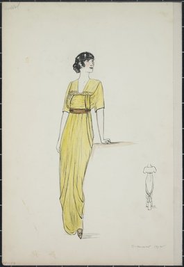 <em>"Day dress, Callot, Summer 1912. Long yellow dress; elbow length sleeves; brown belt at waist; back view included. (Bendel Collection, HB 001-57)"</em>, 1912. Fashion sketch, 12.25 x 8.5 in (31.1 x 21.6 cm). Brooklyn Museum, Fashion sketches. (Photo: Brooklyn Museum, SC01.1_Bendel_Collection_HB_001-57_1912_PS5.jpg