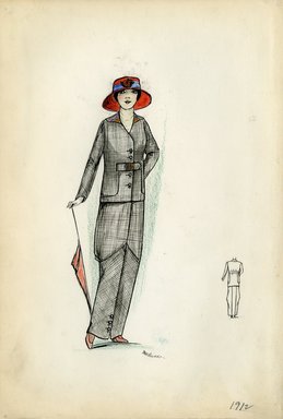 <em>"Day dress, 1912. Gray tweed jacket and dress with red, green, blue, and orange embroidery on collar and belt; large red hat with blue sash and red parasol included. (Bendel Collection, HB 002-04)"</em>, 1912. Fashion sketch, 12.25 x 8.5 in (31.1 x 21.6 cm). Brooklyn Museum, Fashion sketches. (Photo: Brooklyn Museum, SC01.1_Bendel_Collection_HB_002-04_1912_SL5.jpg