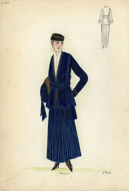 <em>"Day dress, Callot Soeurs, 1912. Navy blue jacket and pleated skirt with white shirtwaist; fur trim on collar, sleeves, and matching blue cap; blue muff with fur trim included. (Bendel Collection, HB 002-06)"</em>, 1912. Fashion sketch, 12.25 x 8.5 in (31.1 x 21.6 cm). Brooklyn Museum, Fashion sketches. (Photo: Brooklyn Museum, SC01.1_Bendel_Collection_HB_002-06_1912_SL5.jpg