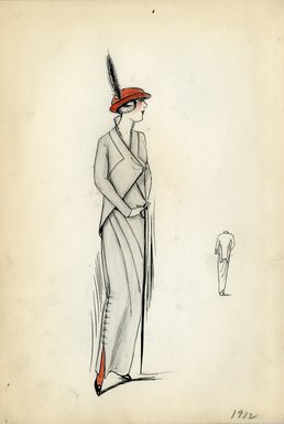 <em>"Day dress, 1912. Light gray dress and jacket; walking cane and red hat with black plume included. (Bendel Collection, HB 002-08)"</em>, 1912. Fashion sketch, 12.25 x 8.5 in (31.1 x 21.6 cm). Brooklyn Museum, Fashion sketches. (Photo: Brooklyn Museum, SC01.1_Bendel_Collection_HB_002-08_1912_SL5.jpg