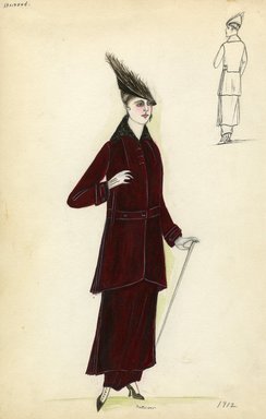 <em>"Day dress, Bernard, 1912. Dark red jacket and dress with embroidered collar; white gloves, walking cane, and feathered hat included. (Bendel Collection, HB 002-09)"</em>, 1912. Fashion sketch, 12.25 x 8.5 in (31.1 x 21.6 cm). Brooklyn Museum, Fashion sketches. (Photo: Brooklyn Museum, SC01.1_Bendel_Collection_HB_002-09_1912_SL1.jpg