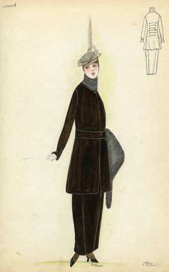 <em>"Day dress, Chéruit, 1912. Brown jacket and dress with gray fur trim collar; gray fur muff and gray feathered cap included. (Bendel Collection, HB 002-11)"</em>, 1912. Fashion sketch, 12.25 x 8.5 in (31.1 x 21.6 cm). Brooklyn Museum, Fashion sketches. (Photo: Brooklyn Museum, SC01.1_Bendel_Collection_HB_002-11_1912_SL1.jpg