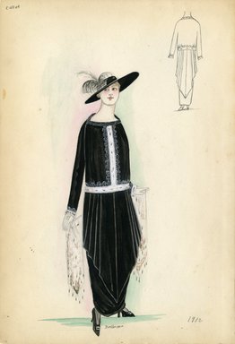 <em>"Day dress, Callot Soeurs, 1912. Black dress with ermine fur trim at hips, sleeves, and down the center front of dress; white shawl, white gloves, and large black hat with black plume included. (Bendel Collection, HB 002-16)"</em>, 1912. Fashion sketch, 12.25 x 8.5 in (31.1 x 21.6 cm). Brooklyn Museum, Fashion sketches. (Photo: Brooklyn Museum, SC01.1_Bendel_Collection_HB_002-16_1912_SL5.jpg