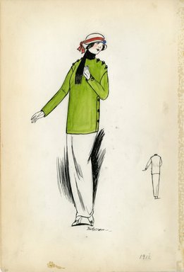 <em>"Day dress, 1912. Dress with green sweater and white skirt; black buttons on shoulders and side seams of sweater; black scarf and white hat with red bow included. (Bendel Collection, HB 002-20)"</em>, 1912. Fashion sketch, 12.25 x 8.5 in (31.1 x 21.6 cm). Brooklyn Museum, Fashion sketches. (Photo: Brooklyn Museum, SC01.1_Bendel_Collection_HB_002-20_1912_SL5.jpg