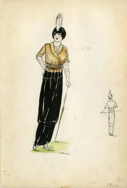 <em>"Day dress, 1912. Dress with gold jacket and black skirt; black turban with white plume, long white gloves, and parasol included. (Bendel Collection, HB 002-21)"</em>, 1912. Fashion sketch, 12.25 x 8.5 in (31.1 x 21.6 cm). Brooklyn Museum, Fashion sketches. (Photo: Brooklyn Museum, SC01.1_Bendel_Collection_HB_002-21_1912_SL5.jpg