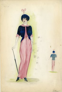 <em>"Day dress, Chéruit, 1912. Pink dress with navy blue jacket; navy blue hat with pink feather, long white gloves, and parasol included. (Bendel Collection, HB 002-22)"</em>, 1912. Fashion sketch, 12.25 x 8.5 in (31.1 x 21.6 cm). Brooklyn Museum, Fashion sketches. (Photo: Brooklyn Museum, SC01.1_Bendel_Collection_HB_002-22_1912_SL5.jpg