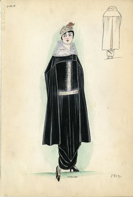 <em>"Day dress, Callot Soeurs, 1912. Black dress with black cape; both with ermine fur trim; ermine fur cap with with flower embellishment included. (Bendel Collection, HB 002-23)"</em>, 1912. Fashion sketch, 12.25 x 8.5 in (31.1 x 21.6 cm). Brooklyn Museum, Fashion sketches. (Photo: Brooklyn Museum, SC01.1_Bendel_Collection_HB_002-23_1912_SL5.jpg