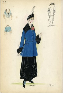 <em>"Day dress, Callot Soeurs, 1912. Black dress with royal blue jacket with black fur trim on collar and sleeves; black hat with black plume included; pink rose embellishment on collar; design for garment under the jacket included (Bendel Collection, HB 002-24)"</em>, 1912. Fashion sketch, 12.25 x 8.5 in (31.1 x 21.6 cm). Brooklyn Museum, Fashion sketches. (Photo: Brooklyn Museum, SC01.1_Bendel_Collection_HB_002-24_1912_SL5.jpg