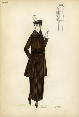 <em>"Day dress, Chéruit, 1912. Brown dress and jacket with brown fur trim on collar; brown fun cap with plume embellishment and fan included. (Bendel Collection, HB 002-26)"</em>, 1912. Fashion sketch, 12.25 x 8.5 in (31.1 x 21.6 cm). Brooklyn Museum, Fashion sketches. (Photo: Brooklyn Museum, SC01.1_Bendel_Collection_HB_002-26_1912_SL5.jpg