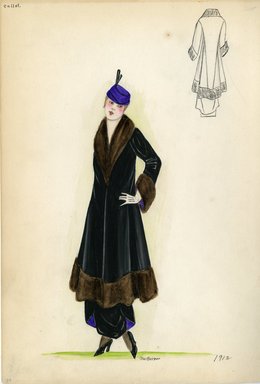 <em>"Day dress, Callot Soeurs, 1912. Black dress and coat with brown fur trim on sleeves, collar, and hem; bright purple lining showing inside sleeve cuff and skirt; matching purple cap with black trim included. (Bendel Collection, HB 002-34)"</em>, 1912. Fashion sketch, 12.25 x 8.5 in (31.1 x 21.6 cm). Brooklyn Museum, Fashion sketches. (Photo: Brooklyn Museum, SC01.1_Bendel_Collection_HB_002-34_1912_SL5.jpg