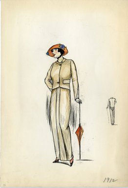 <em>"Day dress, 1912. Cream dress and jacket; orange hat with blue flower embellishments included; orange parasol included. (Bendel Collection, HB 002-35)"</em>, 1912. Fashion sketch, 12.25 x 8.5 in (31.1 x 21.6 cm). Brooklyn Museum, Fashion sketches. (Photo: Brooklyn Museum, SC01.1_Bendel_Collection_HB_002-35_1912_SL5.jpg