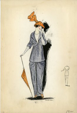 <em>"Day dress, 1912. Lilac dress and jacket with white shirtwaist; long white gloves, orange parasol, and orange hat with large bow embellishment included. (Bendel Collection, HB 002-36)"</em>, 1912. Fashion sketch, 12.25 x 8.5 in (31.1 x 21.6 cm). Brooklyn Museum, Fashion sketches. (Photo: Brooklyn Museum, SC01.1_Bendel_Collection_HB_002-36_1912_SL5.jpg