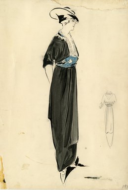 <em>"Day dress, 1912. Black dress with ruffled white collar and blue sash at empire waist; large black hat included. (Bendel Collection, HB 002-37)"</em>, 1912. Fashion sketch, 12.25 x 8.5 in (31.1 x 21.6 cm). Brooklyn Museum, Fashion sketches. (Photo: Brooklyn Museum, SC01.1_Bendel_Collection_HB_002-37_1912_SL5.jpg