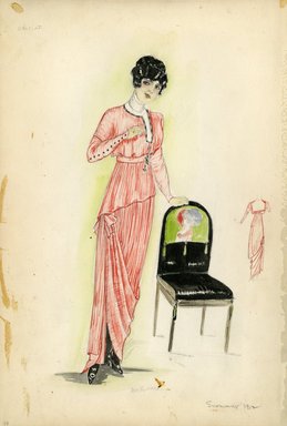 <em>"Day dress, Chéruit, 1912. Pink dress made of pleated fabric with empire waist and draped skirt; beading embellishment along the collar. ; painted chair also included in the sketch (Bendel Collection, HB 002-38)"</em>, 1912. Fashion sketch, 12.25 x 8.5 in (31.1 x 21.6 cm). Brooklyn Museum, Fashion sketches. (Photo: Brooklyn Museum, SC01.1_Bendel_Collection_HB_002-38_1912_SL5.jpg