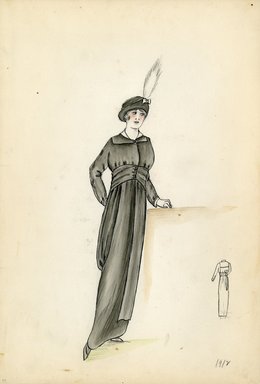 <em>"Day dress, 1912. Black dress with empire waist and long sleeves.; black hat with white bow and white plume included. (Bendel Collection, HB 002-39)"</em>, 1912. Fashion sketch, 12.25 x 8.5 in (31.1 x 21.6 cm). Brooklyn Museum, Fashion sketches. (Photo: Brooklyn Museum, SC01.1_Bendel_Collection_HB_002-39_1912_SL5.jpg