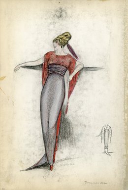 <em>"Day dress, 1912. Black and red dress with empire waist; the top is draped with a printed red fabric; the skirt is draped with a black fabric; draped sleeves ending in tassels with a train of red sheer fabric are included. (Bendel Collection, HB 002-40)"</em>, 1912. Fashion sketch, 12.25 x 8.5 in (31.1 x 21.6 cm). Brooklyn Museum, Fashion sketches. (Photo: Brooklyn Museum, SC01.1_Bendel_Collection_HB_002-40_1912_SL5.jpg