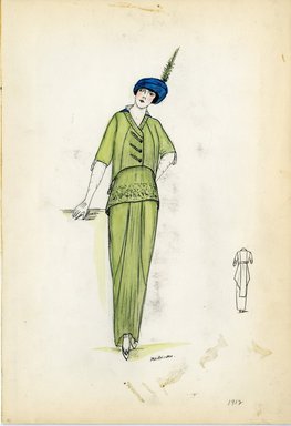 <em>"Day dress, 1912. Green dress and jacket; beading embellishment on skirt at hip level; long white gloves and blue hat with green plume included. (Bendel Collection, HB 002-41)"</em>, 1912. Fashion sketch, 12.25 x 8.5 in (31.1 x 21.6 cm). Brooklyn Museum, Fashion sketches. (Photo: Brooklyn Museum, SC01.1_Bendel_Collection_HB_002-41_1912_SL5.jpg